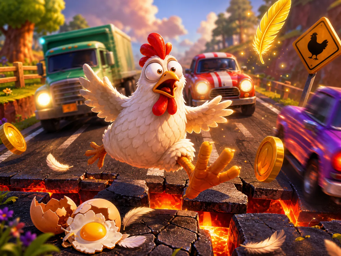 Energetic chicken character on colorful road in slot game illustration