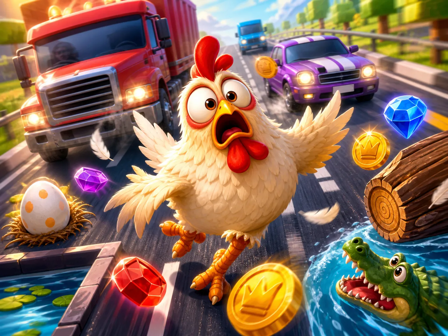 Funny chicken character crossing a playful road with energetic traffic and egg symbols.