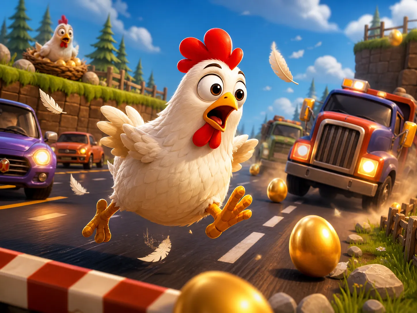 Promotional artwork for Chicken Road slot game featuring a funny chicken character crossing a busy road with playful themed e