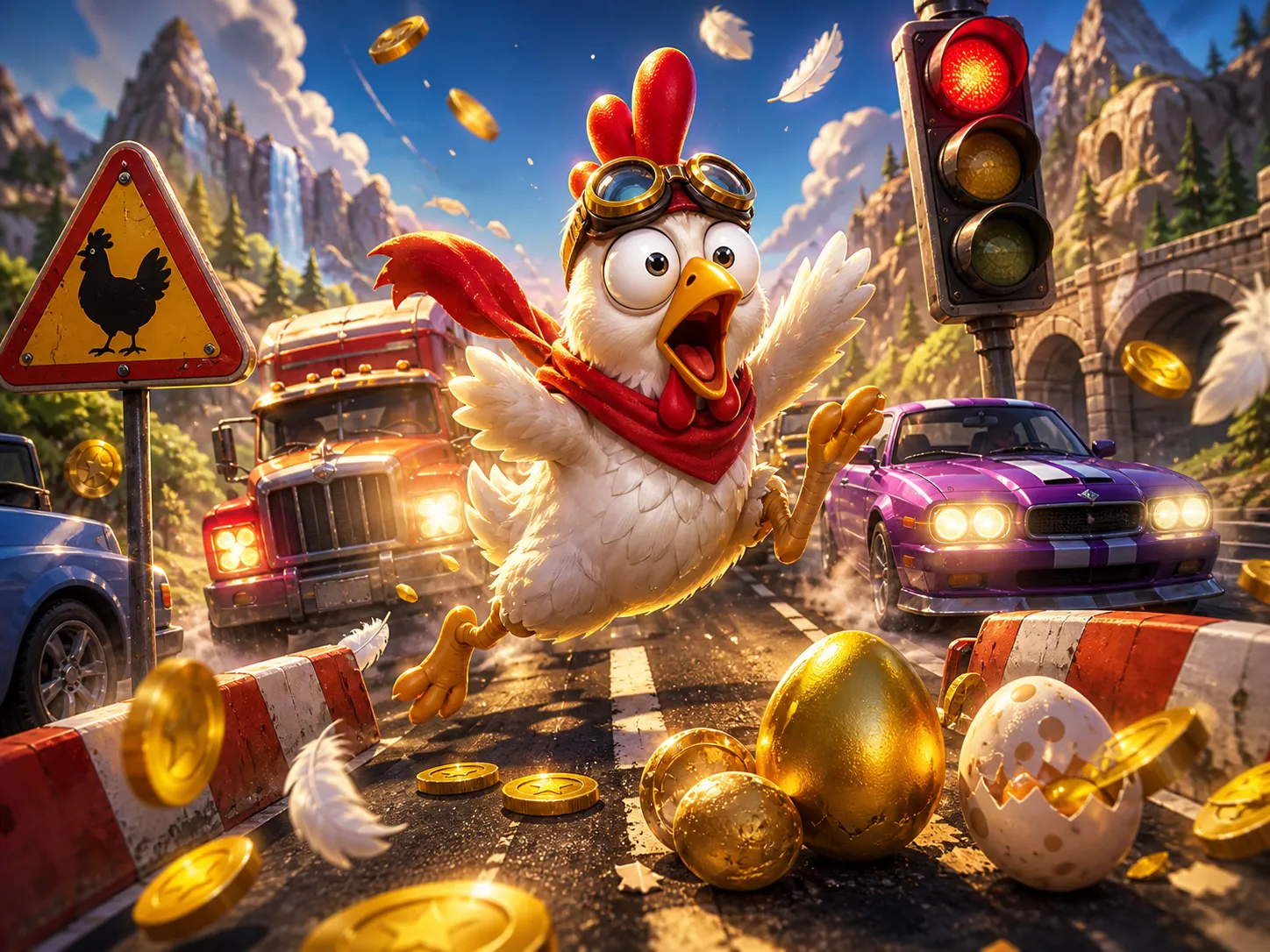 Cartoon chicken dodging traffic on a colorful road with feathers and eggs flying around in a playful scene.